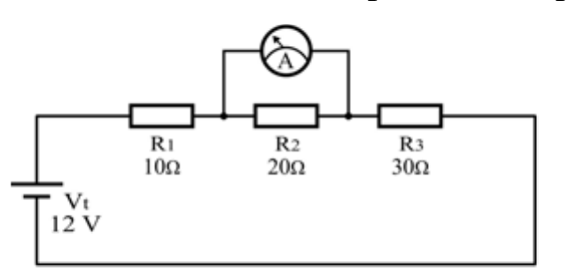 Mesmo circuito, com o amperímetro A ligado em paralelo com o resistor R2.