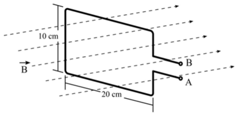 Espira retangular de 10 cm por 20 cm com terminais A e B, imersa em campo magnético uniforme B representado por linhas tracejadas perpendiculares ao plano da espira.