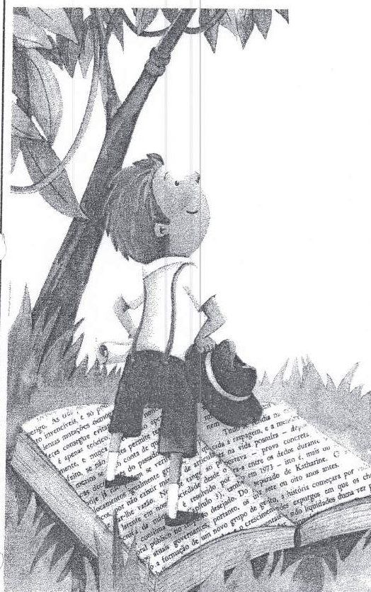 Ilustração de um menino de chapéu na mão, em pé sobre um grande livro aberto, sob uma árvore, olhando para o alto.