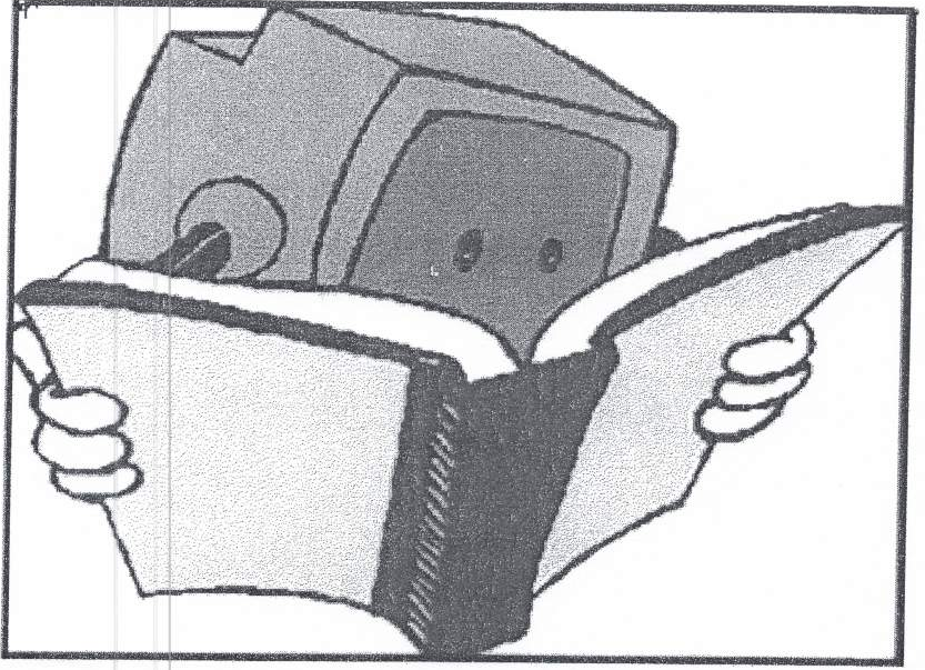 Desenho de um monitor de computador antigo, com mãos, segurando e lendo um grande livro aberto.