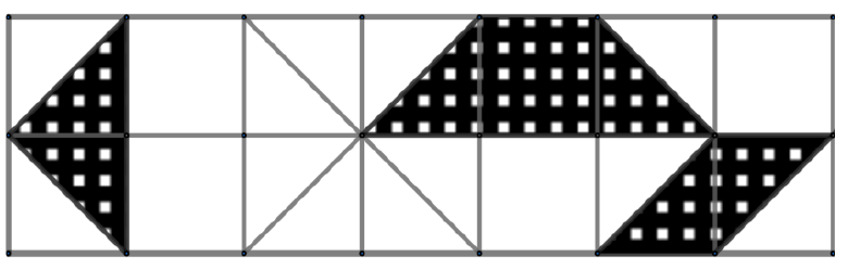 Malha com 14 quadrados iguais dispostos em duas fileiras de 7, divididos por diagonais, com algumas regiões triangulares sombreadas.
