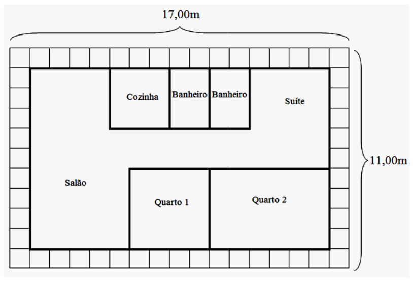 Planta baixa de uma casa sobre malha quadriculada, com 17,00 m de largura e 11,00 m de profundidade, dividida em Salão, Cozinha, dois Banheiros, Suíte, Quarto 1 e Quarto 2.