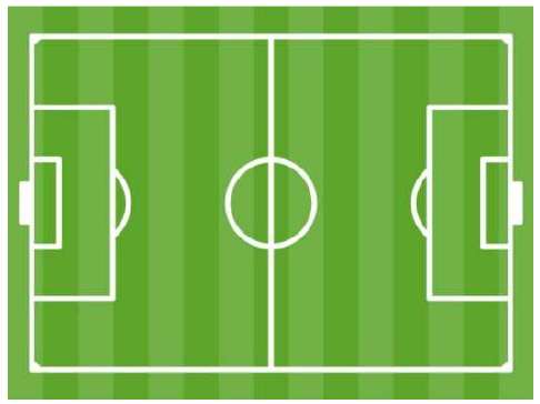 Ilustração de um campo de futebol retangular visto de cima.