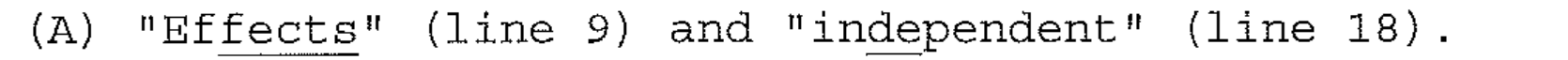 "Effects" (line 9) and "independent" (line 18). Sílabas sublinhadas: "fects" em Effects e "de" em independent.