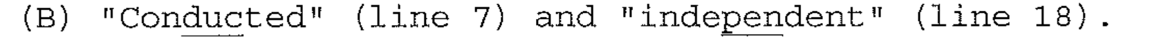 "Conducted" (line 7) and "independent" (line 18). Sílabas sublinhadas: "duc" em Conducted e "pen" em independent.