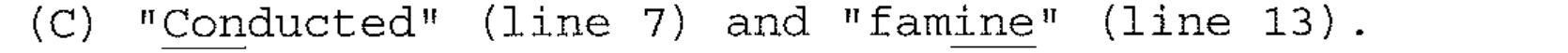 "Conducted" (line 7) and "famine" (line 13). Sílabas sublinhadas: "Con" em Conducted e "ine" em famine.