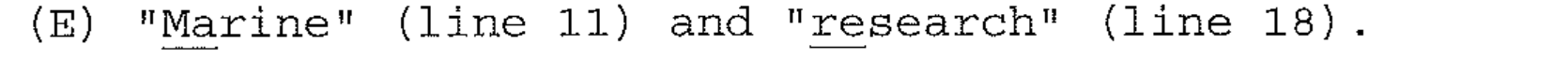 "Marine" (line 11) and "research" (line 18). Sílabas sublinhadas: "Ma" em Marine e "re" em research.
