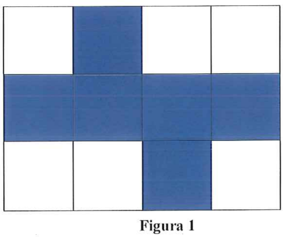 Figura 1: retângulo dividido em 3 linhas e 4 colunas de quadrados iguais; em azul, a linha do meio inteira, o segundo quadrado da linha superior e o terceiro quadrado da linha inferior, formando a planificação de um cubo.