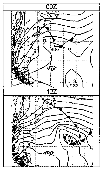 Duas cartas sinóticas de superfície do sul da América do Sul e Atlântico Sul adjacente, às 00Z e às 12Z, com isóbaras e sistema frontal; na carta de 00Z, rótulos T1 e T2 e centro de 986; na de 12Z, centro de baixa com valores 978 e 980.