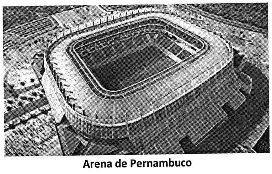 Fotografia aérea do estádio Arena de Pernambuco, com a legenda Arena de Pernambuco.