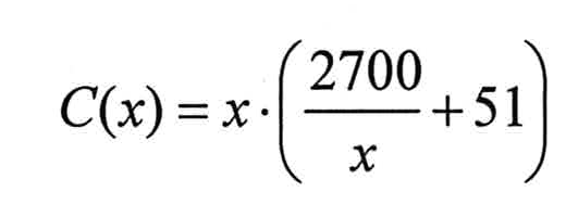 Fórmula: C(x) igual a x vezes, entre parênteses, 2700 dividido por x, mais 51.
