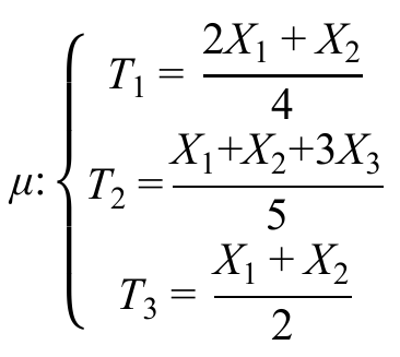 Sistema de estimadores para µ: T1 igual a (2X1 + X2) sobre 4; T2 igual a (X1 + X2 + 3X3) sobre 5; T3 igual a (X1 + X2) sobre 2.