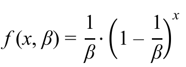 Fórmula: f(x, beta) igual a 1 sobre beta, vezes (1 menos 1 sobre beta) elevado a x.
