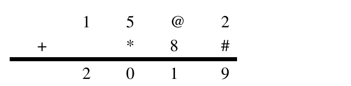 Conta armada de adição: na primeira linha, 1, 5, @, 2; na segunda linha, com sinal de mais, *, 8, #, alinhados às três últimas colunas; resultado 2, 0, 1, 9.