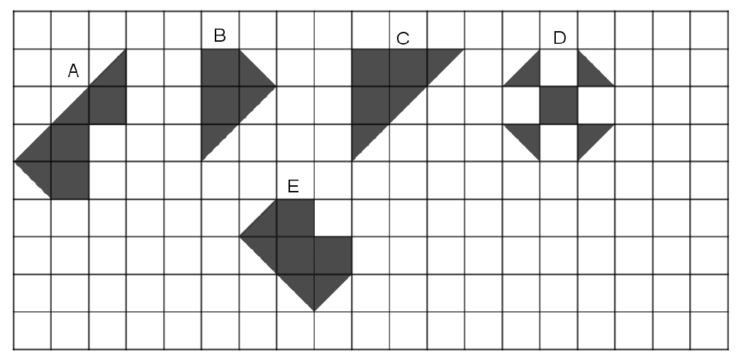 Malha quadriculada com cinco figuras sombreadas, identificadas pelas letras A, B, C, D e E, formadas por quadradinhos inteiros e meios quadradinhos cortados na diagonal.