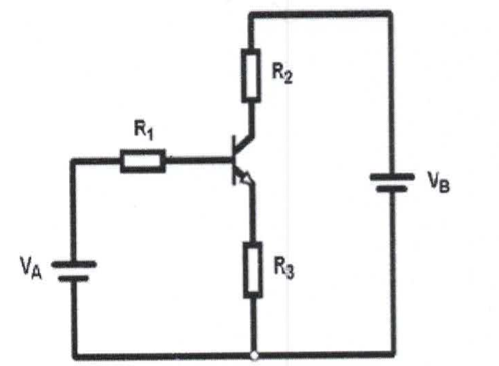 Circuito com transistor bipolar NPN: fonte VA em série com R1 ligada à base; coletor ligado a R2 e à fonte VB; emissor ligado a R3; R3 e os polos negativos das fontes VA e VB ligados a um nó comum.