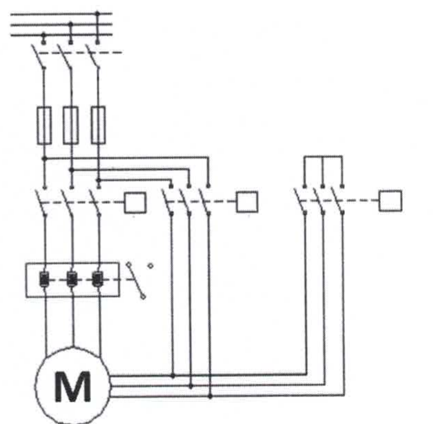 Diagrama de força de acionamento de motor trifásico M: barramento trifásico, seccionadora, fusíveis, três contatores com bobinas, relé térmico e seis terminais do motor ligados aos contatores.