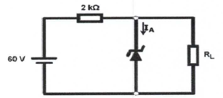 Circuito com fonte de 60 V, resistor série de 2 kΩ, diodo zener em paralelo com a carga RL, com a corrente IA indicada no ramo do zener.