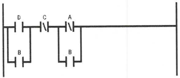 Diagrama Ladder: contato NA D em paralelo com contato NA B, em série com contato NF C, em série com contato NF A em paralelo com contato NA B.