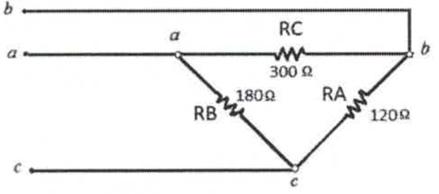 Triângulo: RC = 300 Ω entre a e b, RB = 180 Ω entre a e c, RA = 120 Ω entre b e c.