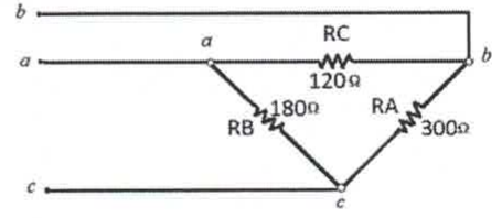 Triângulo: RC = 120 Ω entre a e b, RB = 180 Ω entre a e c, RA = 300 Ω entre b e c.
