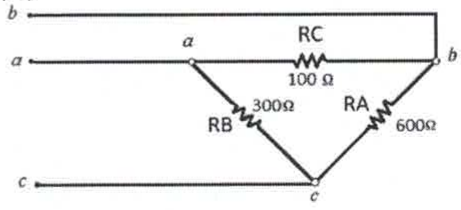 Triângulo: RC = 100 Ω entre a e b, RB = 300 Ω entre a e c, RA = 600 Ω entre b e c.