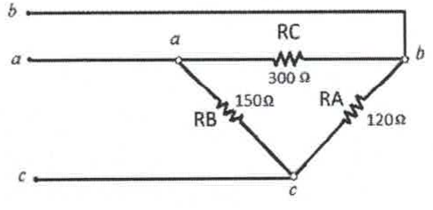 Triângulo: RC = 300 Ω entre a e b, RB = 150 Ω entre a e c, RA = 120 Ω entre b e c.