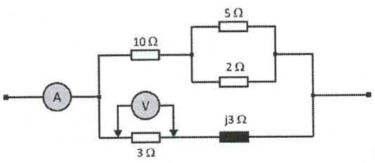 Circuito com amperímetro A em série com dois ramos em paralelo: um com 10 Ω em série com o paralelo de 5 Ω e 2 Ω; outro com 3 Ω em série com reatância j3 Ω; voltímetro V nos terminais do resistor de 3 Ω.