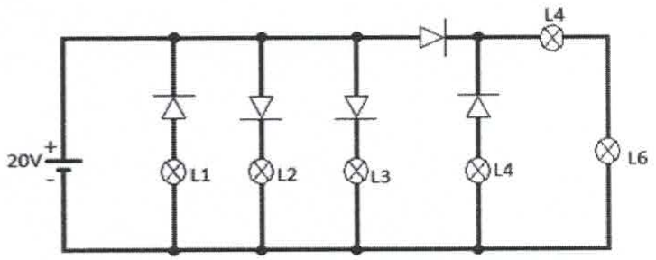 Circuito com fonte de 20 V e ramos em paralelo com diodos em série com as lâmpadas L1, L2, L3 e L4 (com orientações distintas dos diodos), um diodo série no ramo superior seguido de lâmpada rotulada L4 e da lâmpada L6 no ramo da direita.