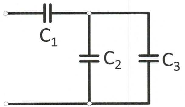 Capacitor C1 em série com a associação em paralelo de C2 e C3.