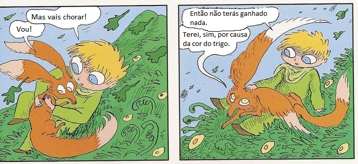 Dois quadrinhos. No quinto, o príncipe diz "Mas vais chorar!" e a raposa responde "Vou!". No sexto, o príncipe diz "Então não terás ganhado nada." e a raposa responde "Terei, sim, por causa da cor do trigo."