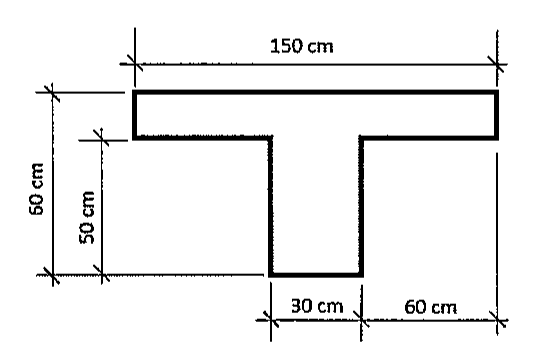 Seção transversal em forma de T: mesa com 150 cm de largura, altura total de 60 cm, alma com 30 cm de largura e 50 cm de altura abaixo da mesa; cota de 60 cm entre a face da alma e a extremidade direita da mesa.