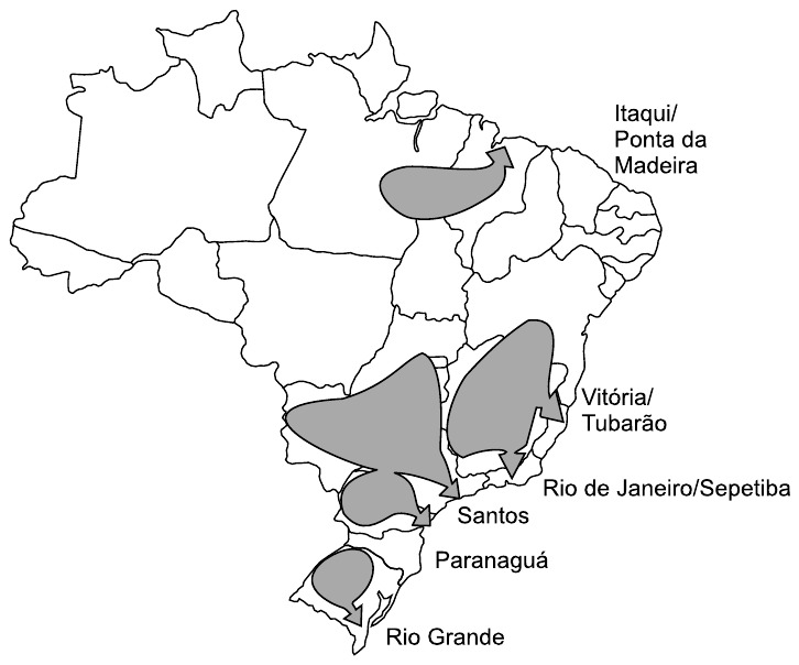 Mapa do Brasil com divisão estadual e manchas cinza no interior ligadas por setas a localidades do litoral rotuladas: Itaqui/Ponta da Madeira, Vitória/Tubarão, Rio de Janeiro/Sepetiba, Santos, Paranaguá e Rio Grande.