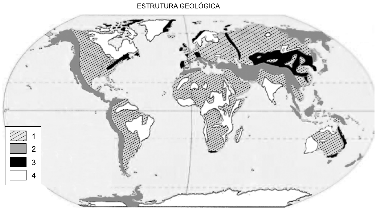 Planisfério “Estrutura geológica” com legenda de quatro padrões: 1 (hachurado diagonal), 2 (cinza), 3 (preto) e 4 (branco). Áreas pretas aparecem em faixas alongadas, como no sul da Ásia e na Europa; áreas hachuradas e cinza distribuem-se por grandes porções dos continentes.