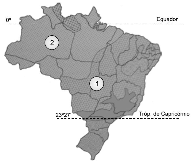 Mapa do Brasil com áreas de diferentes texturas representando tipos climáticos, a linha do Equador (0º) e o Trópico de Capricórnio (23º27’) tracejados. O número 1 está no Brasil central e o número 2 no oeste da Amazônia.