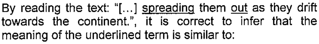 Enunciado: By reading the text: “[...] spreading them out as they drift towards the continent.”, it is correct to infer that the meaning of the underlined term is similar to: As palavras spreading e out estão sublinhadas.