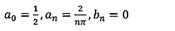 a0 = 1/2, an = 2/(nπ), bn = 0