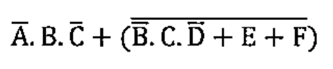 Expressão booleana da alternativa D envolvendo A, B, C, D, E e F com barras de complemento, conforme a imagem