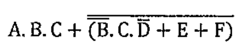 Expressão booleana da alternativa E envolvendo A, B, C, D, E e F com barras de complemento, conforme a imagem