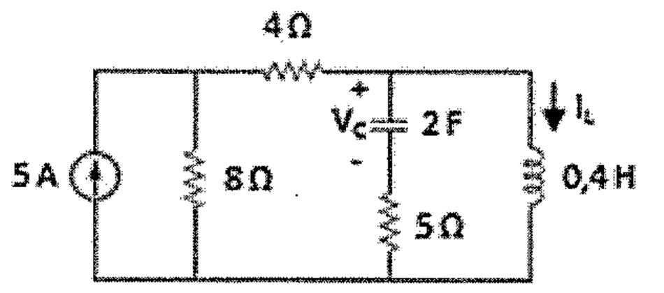 Circuito: fonte de corrente de 5 A em paralelo com resistor de 8 Ω; resistor série de 4 Ω; ramo com capacitor de 2 F (tensão Vc) em série com resistor de 5 Ω; ramo com indutor de 0,4 H percorrido pela corrente IL.