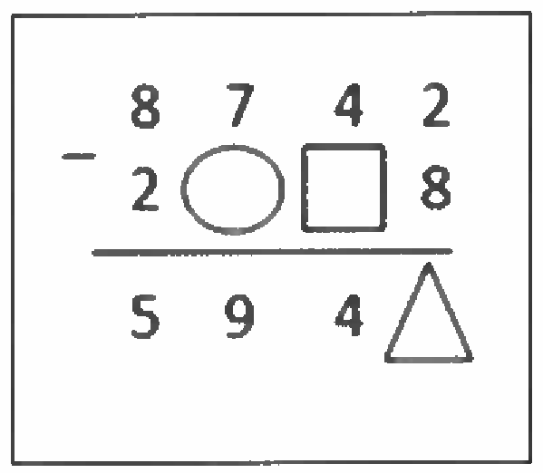 Subtração armada em quadro: na primeira linha 8 7 4 2; na segunda, precedida do sinal de menos, 2, um círculo, um quadrado e 8; abaixo do traço, o resultado 5 9 4 e um triângulo.