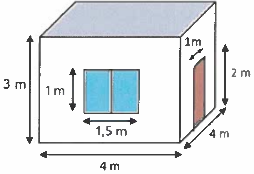 Casa em forma de paralelepípedo: parede frontal de 4 m de comprimento e 3 m de altura com janela de 1,5 m por 1 m; parede lateral de 4 m de comprimento com porta de 1 m de largura e 2 m de altura.