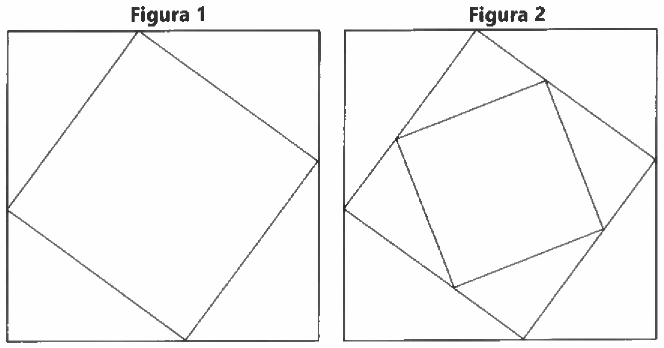 Figura 1: quadrado inscrito inclinado dentro de um quadrado maior, com vértices sobre os lados do maior. Figura 2: a mesma construção com um terceiro quadrado menor, inclinado, inscrito no quadrado intermediário.