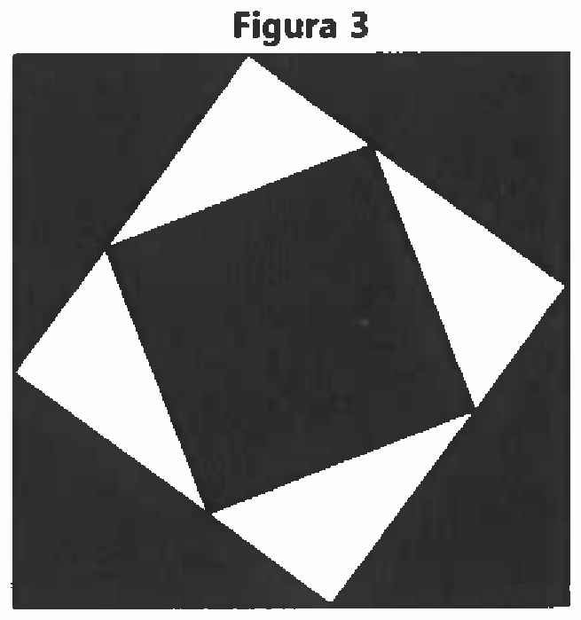 Figura 3: quadrado externo com os quatro triângulos dos cantos (entre o quadrado externo e o intermediário) pintados de preto, quatro triângulos brancos entre o quadrado intermediário e o menor, e o quadrado menor central pintado de preto.