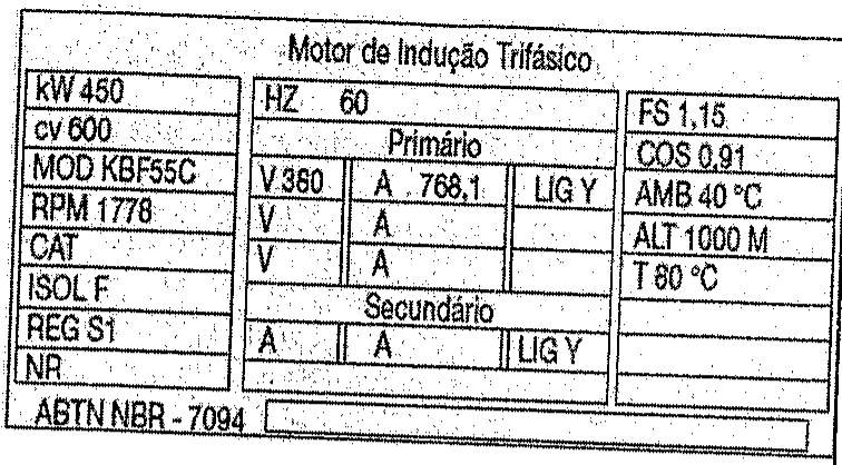 Placa de identificação de motor de indução trifásico (ABNT NBR-7094) com os campos: kW 450; cv 600; MOD KBF55C; RPM 1778; CAT; ISOL F; REG S1; NR; HZ 60; Primário: V 360, A 768,1, LIG Y; Secundário: A, A, LIG Y; FS 1,15; COS 0,91; AMB 40 °C; ALT 1000 M; T 80 °C.