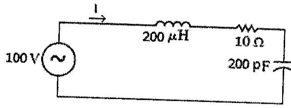 Circuito série com fonte senoidal de 100 V, indutor de 200 μH, resistor de 10 Ω e capacitor de 200 pF; corrente I indicada no ramo superior.