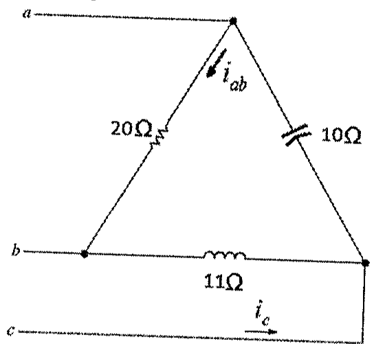 Carga em triângulo entre as linhas a, b e c: resistor de 20 Ω entre a e b (corrente iab indicada), capacitor de 10 Ω entre a e c e indutor de 11 Ω entre b e c; corrente ic indicada na linha c.