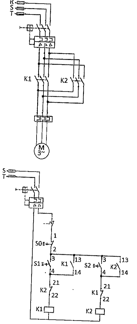 Diagramas de força e de comando de motor trifásico: força com fases R, S, T, disjuntor-motor, contatores K1 e K2 (K2 com inversão de duas fases), relé térmico e motor M 3~; comando com botões S0, S1 e S2, contatos K1(13;14) e K2(13;14) em paralelo com S1 e S2, contatos K2(21;22) e K1(21;22) em série com as bobinas K1 e K2.