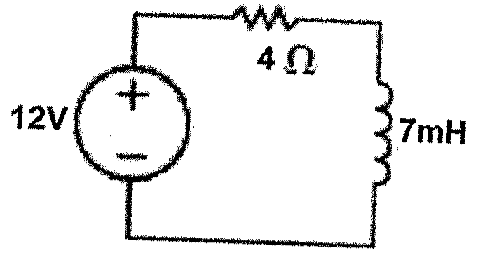 Circuito com fonte de 12 V em série com resistor de 4 Ω e indutor de 7 mH.