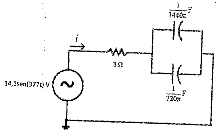 Circuito com fonte 14,1sen(377t) V, resistor de 3 Ω em série com dois capacitores em paralelo, de 1/(1440π) F e 1/(720π) F; um condutor liga o terminal do conjunto em paralelo diretamente ao ponto inferior da fonte; corrente i indicada.